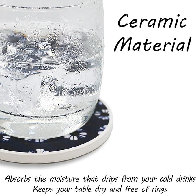 AD Set of 6 Coasters for Drinks Absorbing Round Ceramic Stone Coaster with Cork Base,Tabletop Protection Mat for Mugs and Cups,Office,Kitchen (Shibori with Holder)