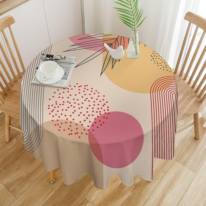 Mid Century Boho Round Tablecloth, Abstract Modern Sun Arch Curve Leaves Geometric Print Tablecloth for Home Party Dining Room Kitchen Decor 60Inch(152cm)
