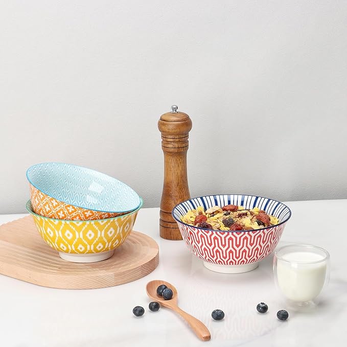 KitchenTour Ceramic Bowls Set - 30 oz Serving Bowls For Kitchen - Cereal, Ice Cream, Soup, Salad, Rice, Dessert Ceramic Bowls - Assorted Colorful Set of 6 - Microwave Dishwasher Safe - 7 Inch