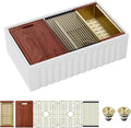 Sarlai 33 White Farmhouse Kitchen Sink Double Bowl - 33x20 Inch Apron Front Kitchen Sink Workstation Reversible Undermount Ceramic Fireclay Farmer Sinks Basin With Gold Accessories