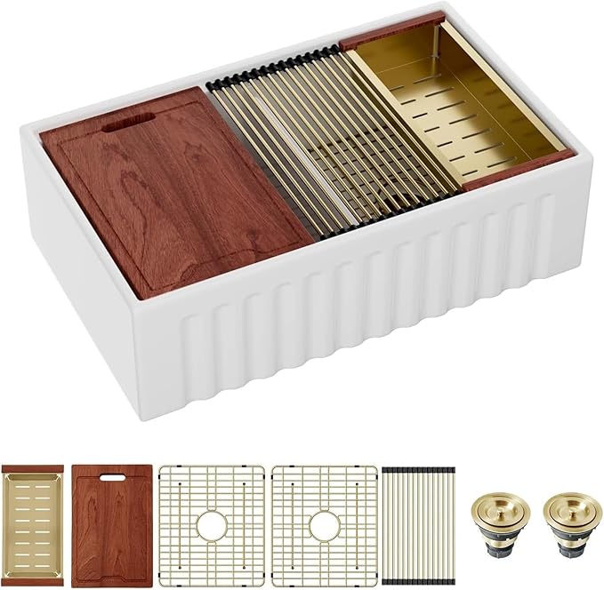 Sarlai 33 White Farmhouse Kitchen Sink Double Bowl - 33x20 Inch Apron Front Kitchen Sink Workstation Reversible Undermount Ceramic Fireclay Farmer Sinks Basin With Gold Accessories