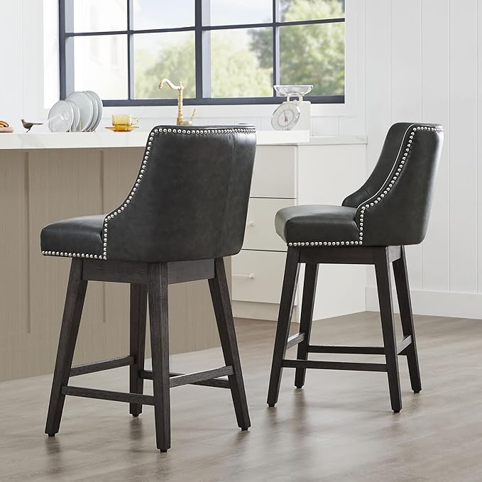 CHITA Counter Height Swivel Bar Stools Set of 2, FSC Certified Upholstered Counter Stools, Modern Swivel Barstools with Wood Legs for Kitchen Island, 26" Seat Height, Faux Leather in Retro Grey