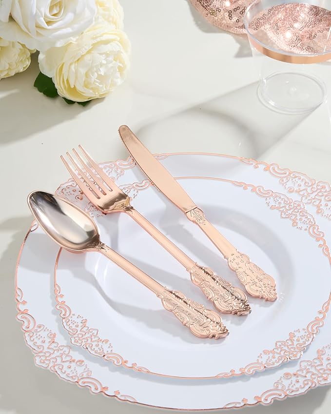 Goodluck 350 Piece Rose Gold Plastic Dinnerware Set for 50 Guests,Fancy Disposable Plates,Include: 100 Rose Gold Rim Plastic Plates,150 Silverwares,50 Pre Rolled Napkins,50 Cups for Party,Wedding