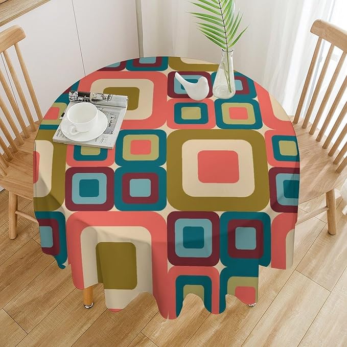 Abstract Geometric Round Tablecloth, Mid Century Modern Middle Century Abstract Patterns Print Tablecloth for Home Party Dining Room Kitchen Decor 50Inch(127cm)
