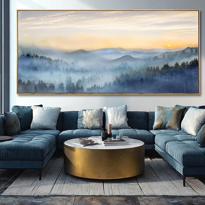 YJYart Blue Prints for Wall Decor Forest Wall Art Mountain Canvas Pictures 40"x86" Large Posters for Dining Room Office Artwork