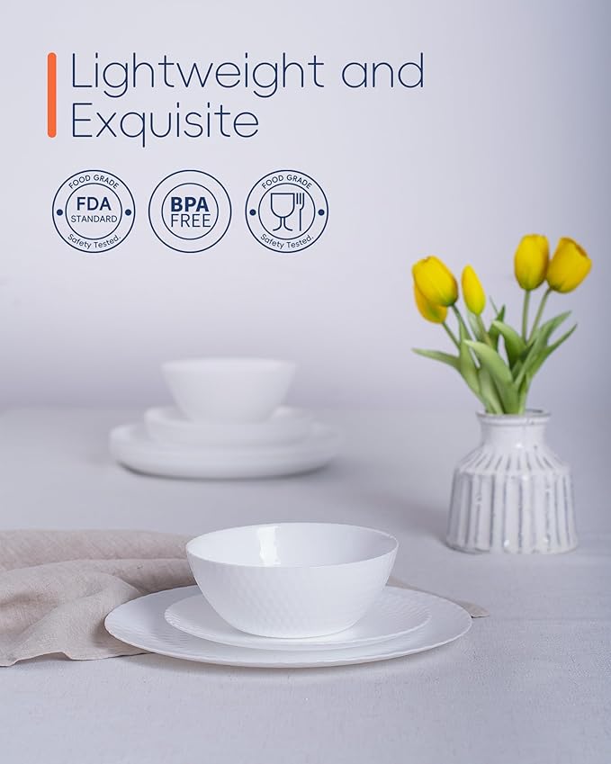 Dinnerware Sets for 4, Light & Durable 12 Pieces Opal Glass Plates and Bowls Set, Dishwasher and Microwave Safe Dish Dinning Ware, Thin but Strong Geometric Faceted White