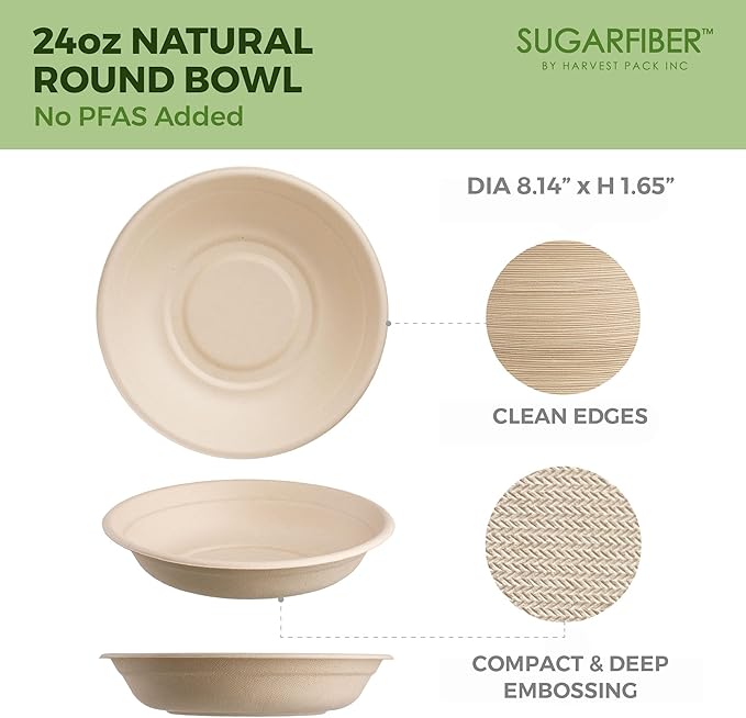 [50 COUNT]Harvest Pack PFAS FREE 24oz Compostable Bowls - Paper Round Heavy-Duty Eco-Friendly Disposable Bagasse Bowl, sugarcane made plant fibers for Meal Prep