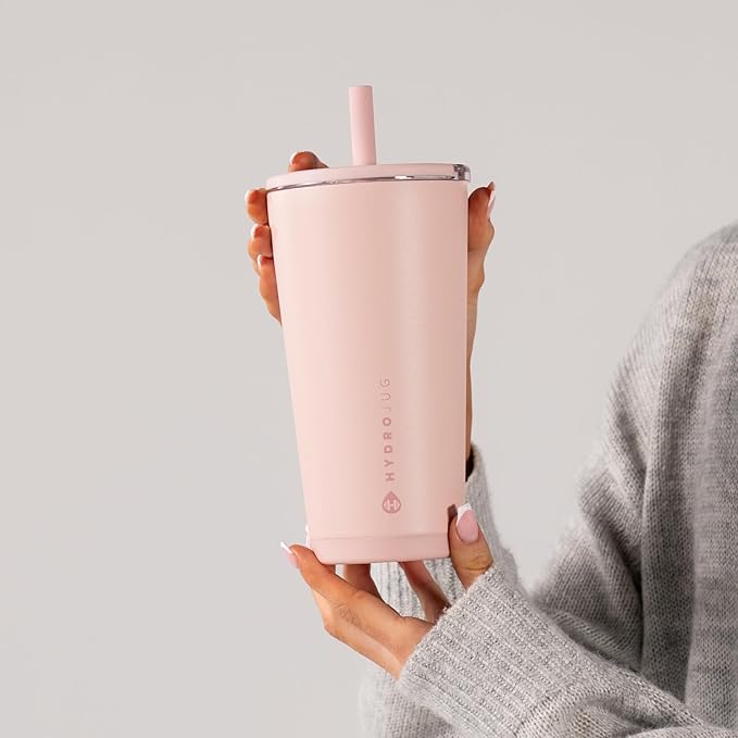 HydroJug Everyday Tumbler 20 oz – Ceramic-Lined Insulated Tumbler with Straw and Soft-Touch Lid, Cup Holder Friendly, Double-Wall Vacuum Insulation, Reusable Travel Cup – Dusty Rose