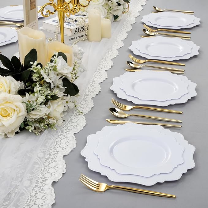 COLOSUS 60PCS White Plastic Plates for 30 guests-Fancy Plastic Beaded Plates,Disposable Christmas plastic plates,Include 30 PCS 10.5" Dinner Plates & 30PCS 8.25" Dessert-Platos for Christmas