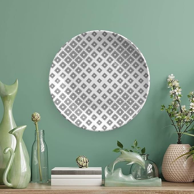 Decorative Plates, Abstract Print Ornament, Minimalist Geometric Diamond Shaped Square Lines, 10 Inch, 1 Plate with 1 Display Stand, Black White