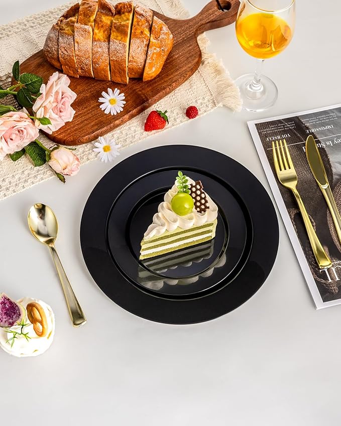 BESTVIP 200PCS Black Plastic Plates, Disposable Party Plates with 100 Dinner Plates and 100 Dessert Plates, Plastic Plates for Party, Wedding,Halloween and Birthday (Black, 200PCS)