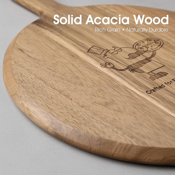 12" Acacia Wood Charcuterie & Pizza Serving Board Set with Pizza Cutter, Rustic Wooden Board for Cheese, Appetizers & Entertaining, Thoughtful Housewarming Gift