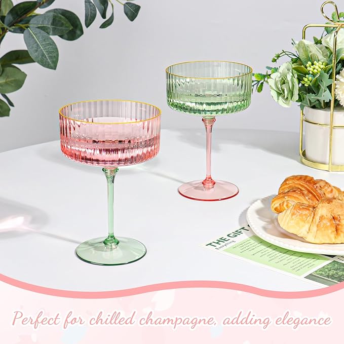 XUWAIDSGN 12 Pcs Champagne Martini Glasses 9 Oz with Gilded Removable Gold Rim Coupe Glasses Pink Martini Glasses Plastic Mimosa Vintage Coupe Glasses Set For Wedding Anniversary (12, Pink & Green)