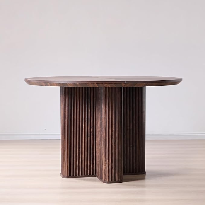 T4TREAM 47" Fluted Round Dining Table for 4-6, Mid-Century Modern Kitchen Table with Thickened Edge & Sturdy Pedestal Base for Kitchen Living Room,Dark Walnut(Table Only)