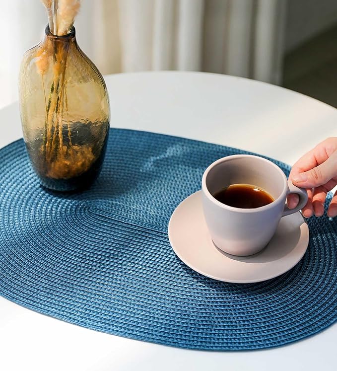 FunWheat Oval Braided Placemats Set of 8 Table Mats for Dining Tables Washable Heat Resistant Place Mats for Indoor Outdoor Use 12 x18 Inch(Oval Blue, 8pcs)