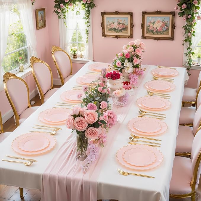 LIYH 120 Pcs Pink Plastic Plates Disposable - Pink Disposable Plastic Plates Set for Party Includes 60 Dinner Plate 10.25" & 60 Dessert Plate 7.5" Elegant Gold Rim for Party Birthday