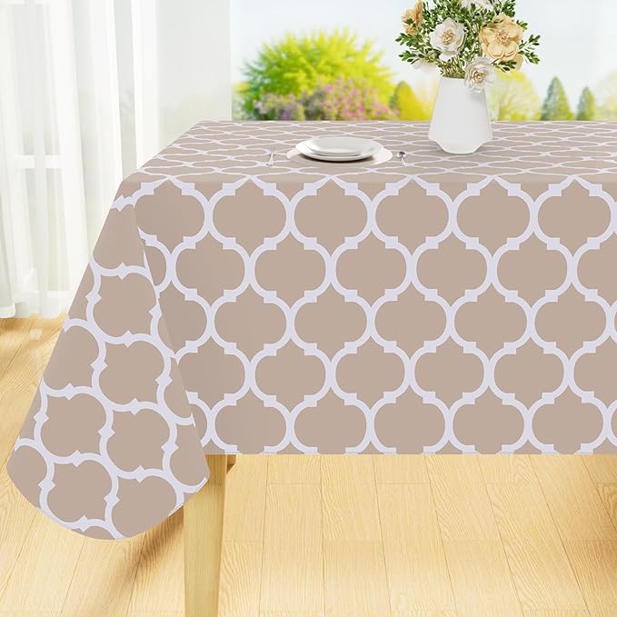 Smiry Rectangle Table Cloth, Waterproof Vinyl Tablecloths with Flannel Backing for Rectangle Tables, Wipeable Spillproof Plastic Tablecloth for Dining, Camping, Indoor and Outdoor (54"x120", Khaki)