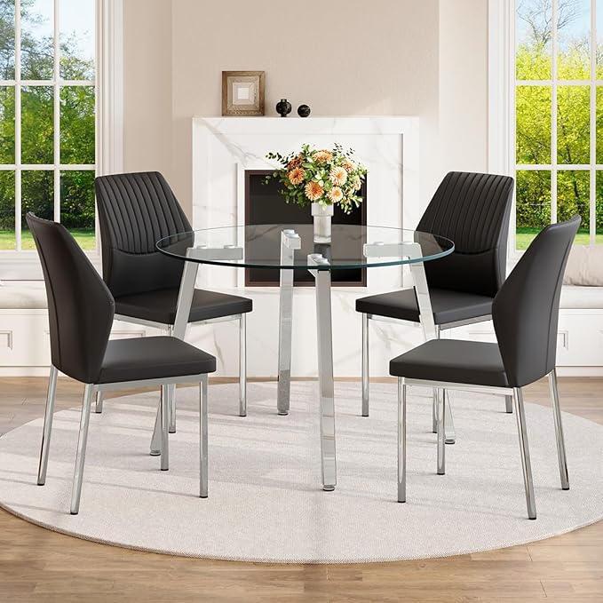 42" Round Glass Dining Table Set for 4,Modern Breakfast Table Set for 4 with Silver Chrome Legs,Space Saving Kitchen Table and Black Chairs for Apartment,Easy Assembly