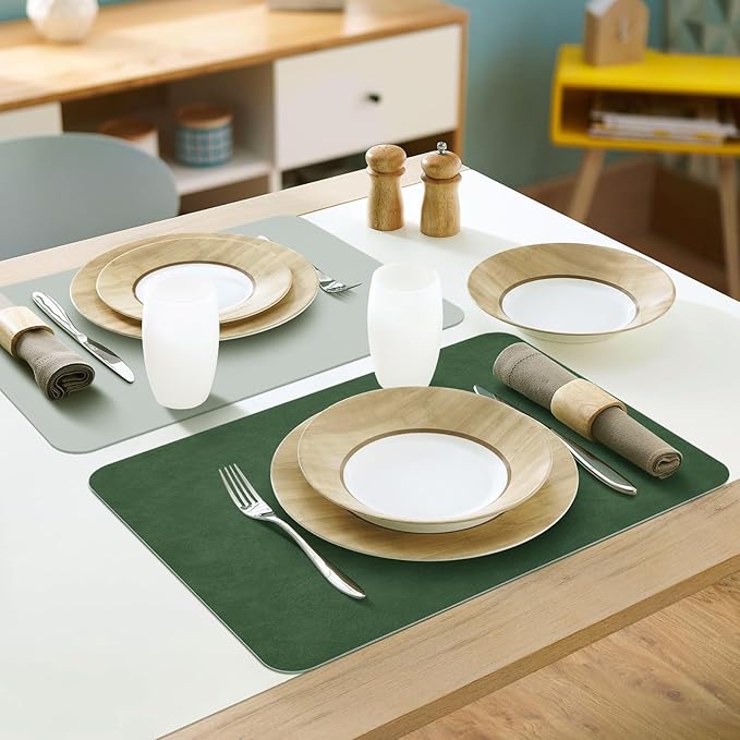 AAPLKER Faux Leather Placemats Set of 6, Vinyl Placemats Wipeable Waterproof Oil-Proof Table Mats, Heat Resistant Place Mats for Kitchen Indoor Outdoor, 16.9 x 11.8 inches (Green/Grey)