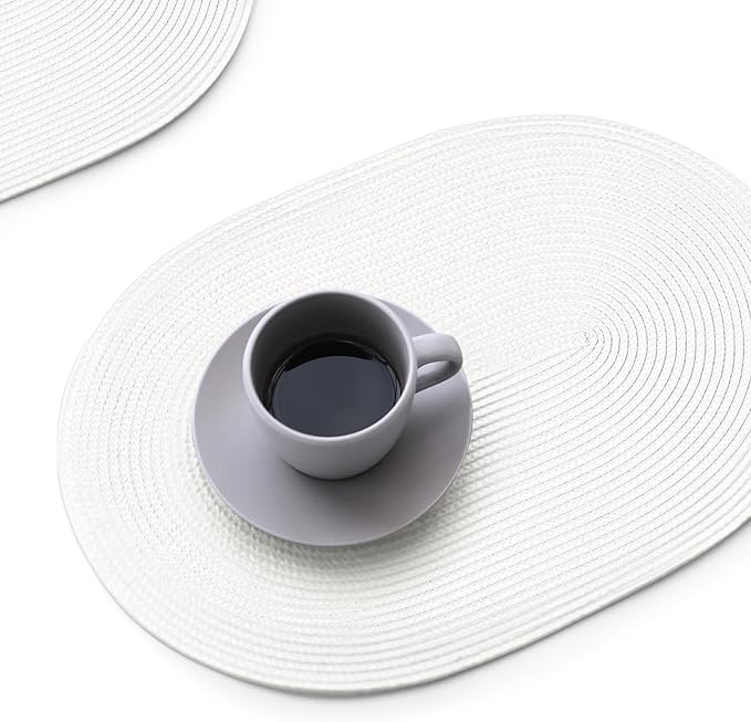FunWheat Oval Braided Placemats Set of 6 Table Mats for Dining Tables Woven Washable Non-Slip Shining Place mats12x18 Inch Table mats for Indoor Outdoor Use((Oval White, 6pcs)