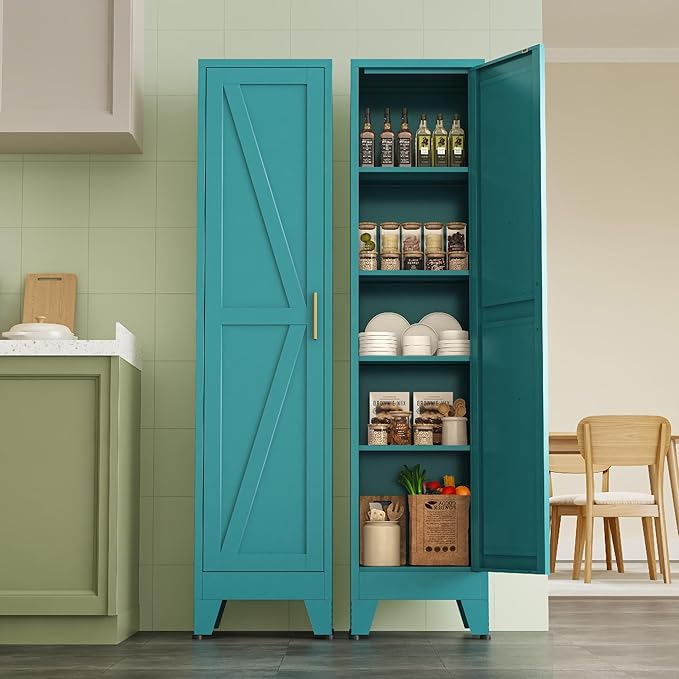Narrow Metal Cabinet with 4 Adjustable Shelves and Barn Doors,Tall Bathroom Storage Cabinet, Metal Pantry Organizer for Kitchen,Home Office, Dining Room,Blue