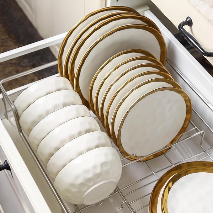 vicrays Ceramic Dessert Salad Plates, 8 Inch, Set of 6, Round, Dishwasher Safe, NOT Microwave Safe, Scratch Resistant, Suitable for Appetizer, Home, Restaurant (White with Golden)