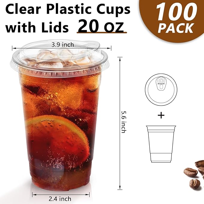 20 oz 100 Pack Clear Plastic Cups with Lids, Sturdy Iced Coffee Cups with Sip Lids, Disposable Food Safe Smoothie Cup for Cold Drinks, Juice, Milkshake