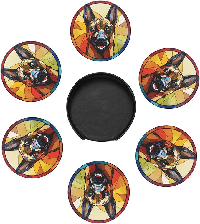 Drink Coaster Set of 6, Belgian Malinois Dog Mom Lover Gift,Leather Drink Coasters with Holder,6 Pack Cup/Bar/Drink Coasters for Table/Drinks/Coffee Protection Housewarming Gift