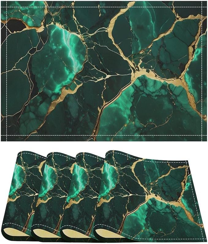 Marble Linen Placemats Set of 4, Modern Luxury Foil Texture Hunter Green White Gold Marble Washable Cloth Place Mats, Non-Slip Dining Table Placemats for Home Kitchen Party Banquets Decor 12x17 Inch