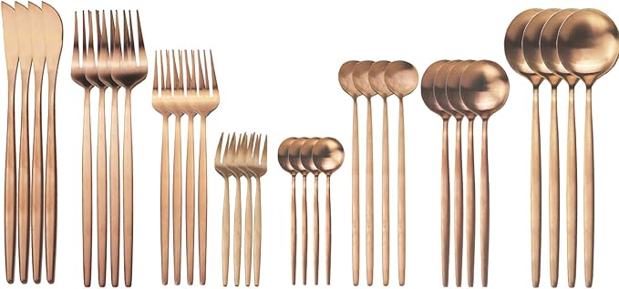 JASHII 32-Piece Tableware Set Stainless Steel Flatware Set with Coffee Spoon Long Handle Spoon Premium Cutlery Service for 4 Satin Finish Utensils for Home (Copper)