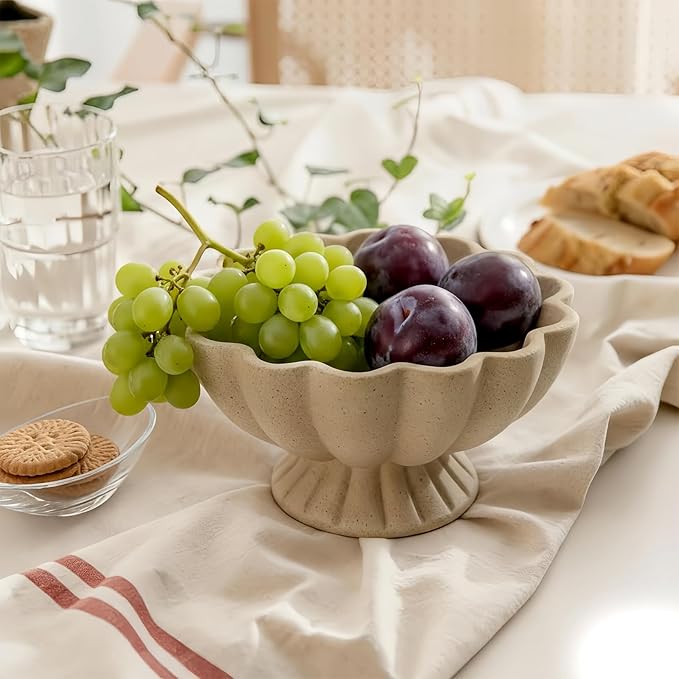 Pedestal Decorative Bowl Home Decor - Morden Handicraft Decorative Fruit Bowl for Kitchen Counter, Chic Ruffle Bowl Centerpiece Decor for Dining Table Coffee Table (Artificial Stone Beige)