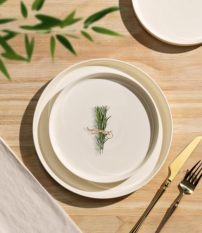 TheTerra Ceramic Dinnerware Sets with Pasta Bowls for 4, 16 Pieces Porcelain Lightweight Speckled Plates and Bowls Sets, Scratch Resistant Dish Set, Oven & Microwave & Dishwasher Safe, Beige