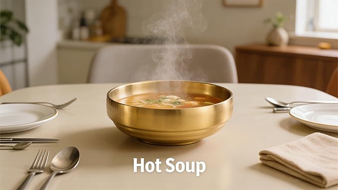 Gold Soup Bowls, 7.3 Inch 35OZ Large Stainless Steel | Double-Walled Unbreakable Serving Bowls for Soup, Rice & Salad, Heat Retention Dish for Noodles and Sashimi at Home or Restaurant