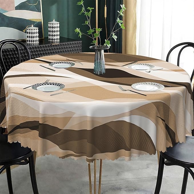 Laeacco 70 Inch Brown Modern Round Tablecloth Striped Geometric Abstract Art Print Table Cloth Washable Waterproof Wrinkle Free Table Cover for Kitchen Dining Picnic Party Decoration