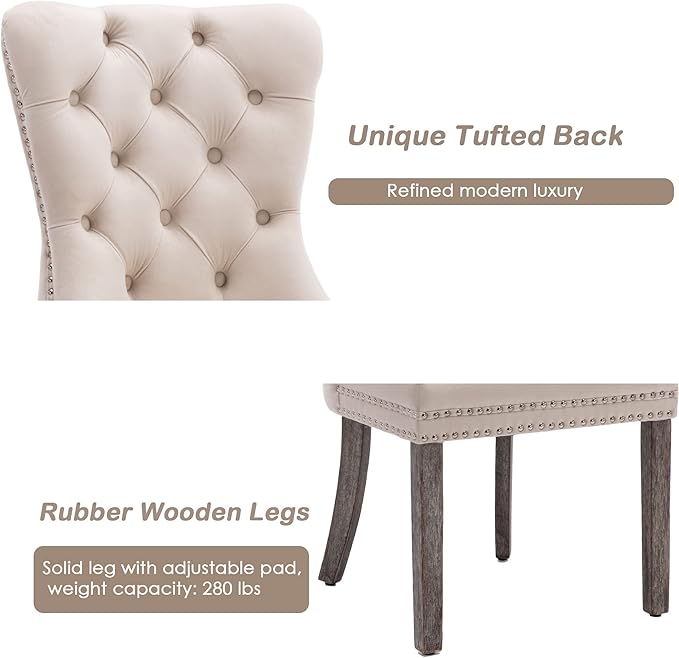 KCC Velvet Dining Chairs Set of 4, Upholstered High-end Tufted Dining Room Chair with Nailhead Back Ring Pull Trim Solid Wood Legs, Nikki Collection Modern Style for Kitchen, Beige