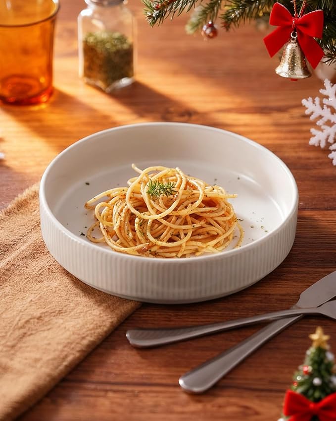 famiware Star 8.25" Pasta Bowls, Large Dinner Bowls Set of 4, Salad Bowl Plates, Shallow Bowls for Eating, Matte White (Full Glaze)