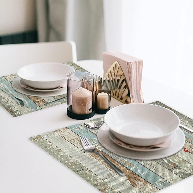 Vintage Farmhouse Placemat Set, Green Blue Rustic Wooden Plank Art Sketch Cutlery Knife Fork Inspirational Quotes Pattern Home Decor Linen Table Mats for Dining Room Kitchen Party (17x12in) x6P