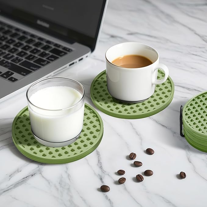Coasters for Drinks, Silicone Coasters Set of 12 with ABS Holder, Outdoor Coaster for Coffee Table, Non-Slip Rubber Table Cup Mat Desk, Heat Resistant & Scratch-Proof (Green)