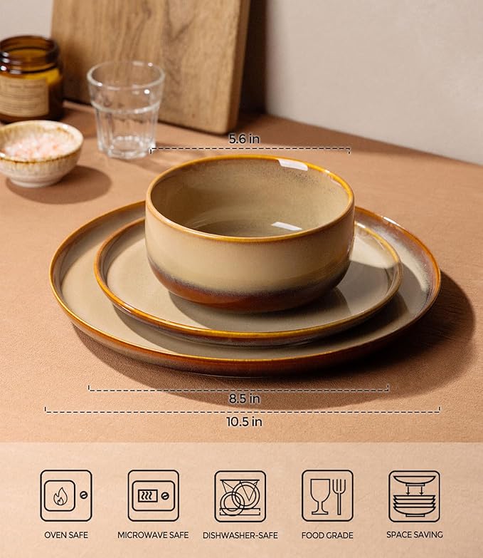 TheTerra Ceramic Dinnerware Sets for 6, 18 Pieces Handmade Reactive Glaze Plates and Bowls Set, Scratch Resistant Dish Set, Oven & Microwave & Dishwasher Safe, Creamy Amber