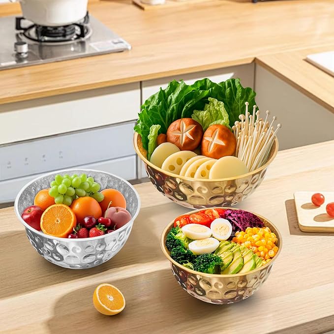 5 Pack Stainless Steel Mixing Bowls Set, Hammered Silver Finish, Nesting Design Metal Salad Bowls Set, 1.6-4.9 QT Capacity, Dishwasher Safe for Cooking, Serving, Food Containers Meal Prep Kit, No Lid