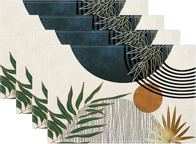 Mid Century Placemats 12x18 Inches Set of 4, Modern Boho Green Navy Blue Tropical Leaf Decorative Rectangle Table Mats for Party, Home Kitchen,Dining Table Decoration