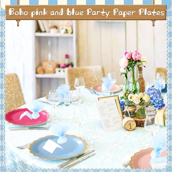 96 Pcs Pink Rose Navy Blue Paper Plates 9 Inch Gradient Scalloped Paper Plates Disposable Dinner Dessert for Birthday Wedding Bridal Party Supplies, 6 Colors