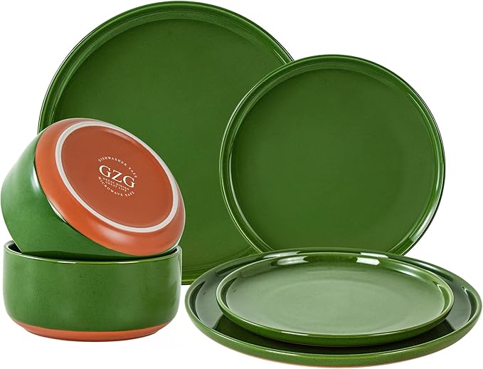 GZG Modern Art Series - 6 Pcs Speckled Stoneware Plates and Bowls Sets, Ceramic Dinnerware Set with Rustic Terracotta Underside, Microwave and Dishwasher Safe Handcrafted Dishes Set - Verdant Green