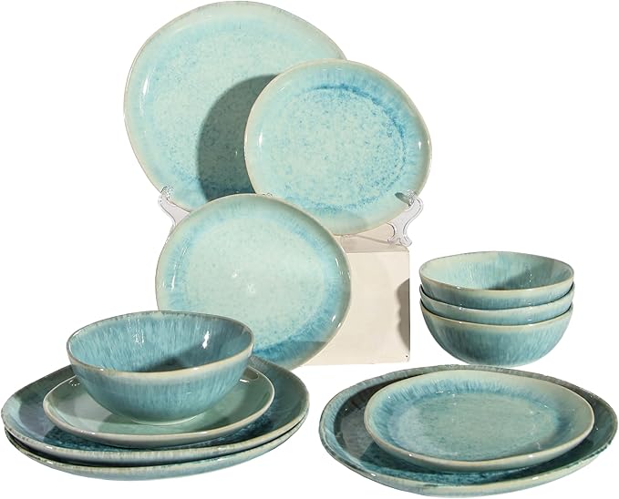 Modern Plates and Bowls Sets 12-Piece Ceramic Dinnerware Set for 4 Blue Kitchen Plates and Bowls Microwave Dishwasher and Oven Safe Stackable Tableware Dinnerware Sets for Everyday Use