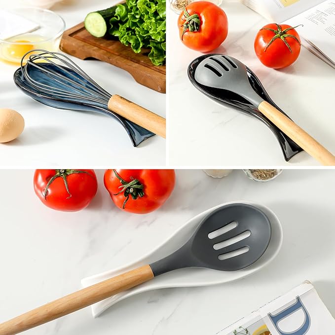 Ceramic Spoon Rest for Stove Top,Large 8.7 Inch Spoon Holder for Kitchen Counter,Porcelain Rest for Thankgiving and Christmas Gift,Dishwasher Safe and Heat-Resistant,White and Black(2 PC)