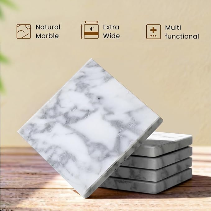 Natural Marble Coasters, Square Costers, Luxury Aesthetic Modern Decor for Coffee Table Bar Kitchen Home, White Marble, Real Natural Semi Absorbent Stone Coasters