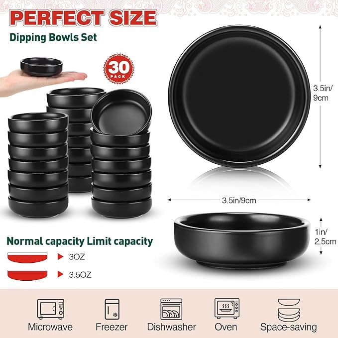 Roshtia 30 Pieces Ceramic Soy Sauce Dish 3.5 Inch Porcelain Dipping Bowls 3oz Multipurpose Small Bowl Mini Serving Dinnerware for Pinch Seasoning Appetizer Soy Sushi(Matte Black)