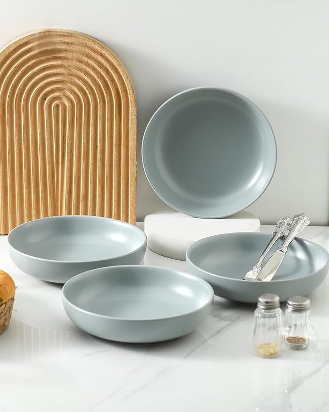 Pasta Bowls Set of 4, Stoneware 34 oz Salad Bowls, Ceramic Bowl Plates for Pasta, Salad, Fruit, Cereal, Soup, Pottery Bowls for Kitchen, Microwave & Dishwasher Safe, Pebble Gray