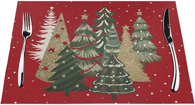 Christmas Placemats 12x18 Inches Set of 4,Red Green Christmas Tree Decorative Rectangle Winter Decoration Table Mats for Party, Home Kitchen,Dining Table Decoration