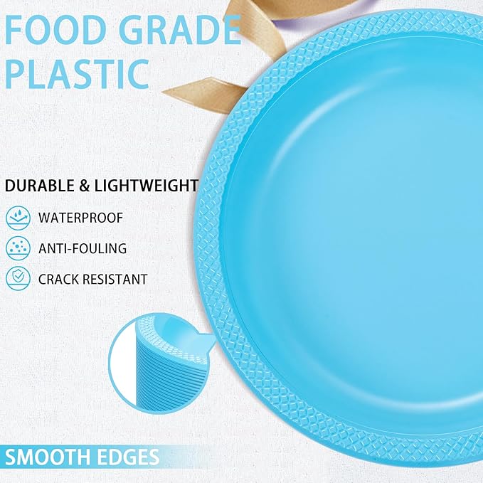 WELLIFE Light Blue Party Plates 9 Inch -150 Count, Disposable Plastic Baby Blue Dinner Plates for Party Dessert Cake Appetizer Baby Shower